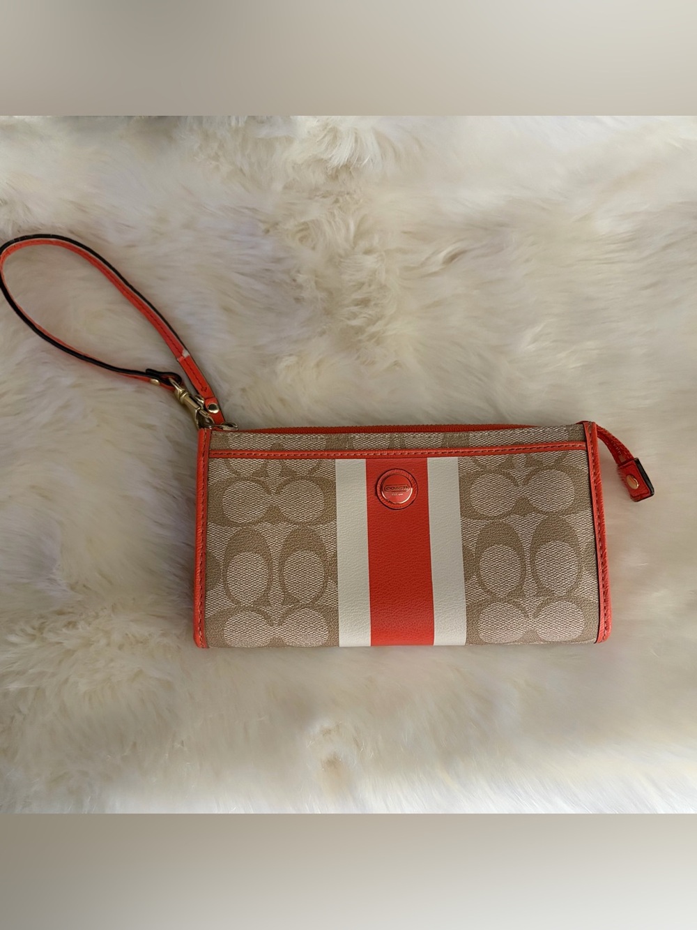 Coach Beige Signature Wristlet with Orange and White Stripes- Authentic